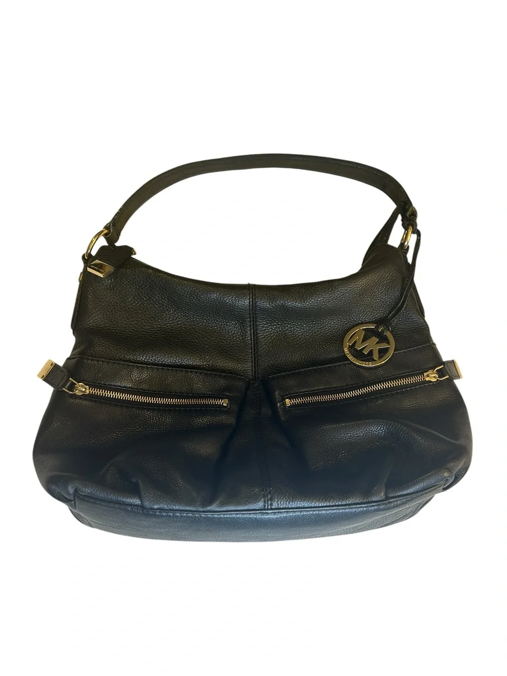 Michael Kors Black Pebbled Leather Hobo Shoulder Bag Gold Hardware Large Purse
